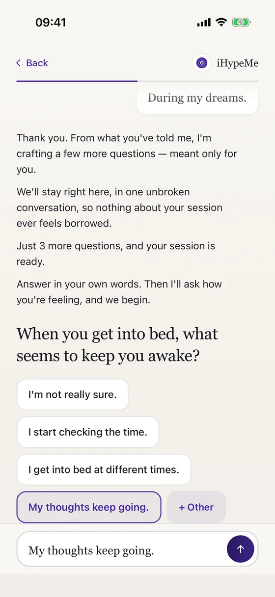 The intake conversation asking: When you get into bed, what seems to keep you awake?, with the answer My thoughts keep going.