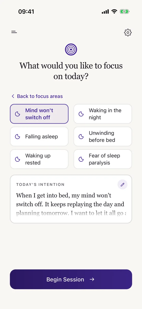 Start screen with an intention selected and written in the intention field.