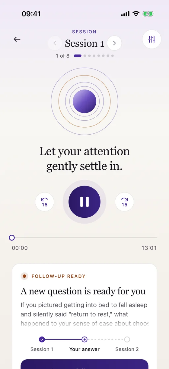 The session player with listening rings and a play control.