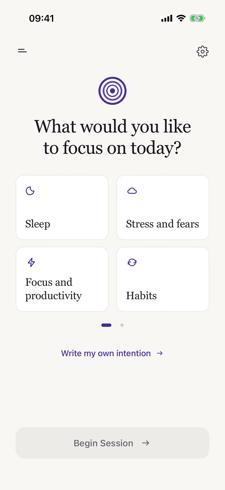 The iHypeMe Start screen: What would you like to focus on today?, with focus area cards for Sleep, Stress and fears, Focus and productivity, and Habits.