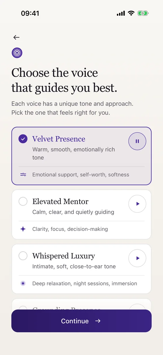 Choose the voice that guides you best: guide cards for Velvet Presence, Elevated Mentor and Whispered Luxury, each with a preview.