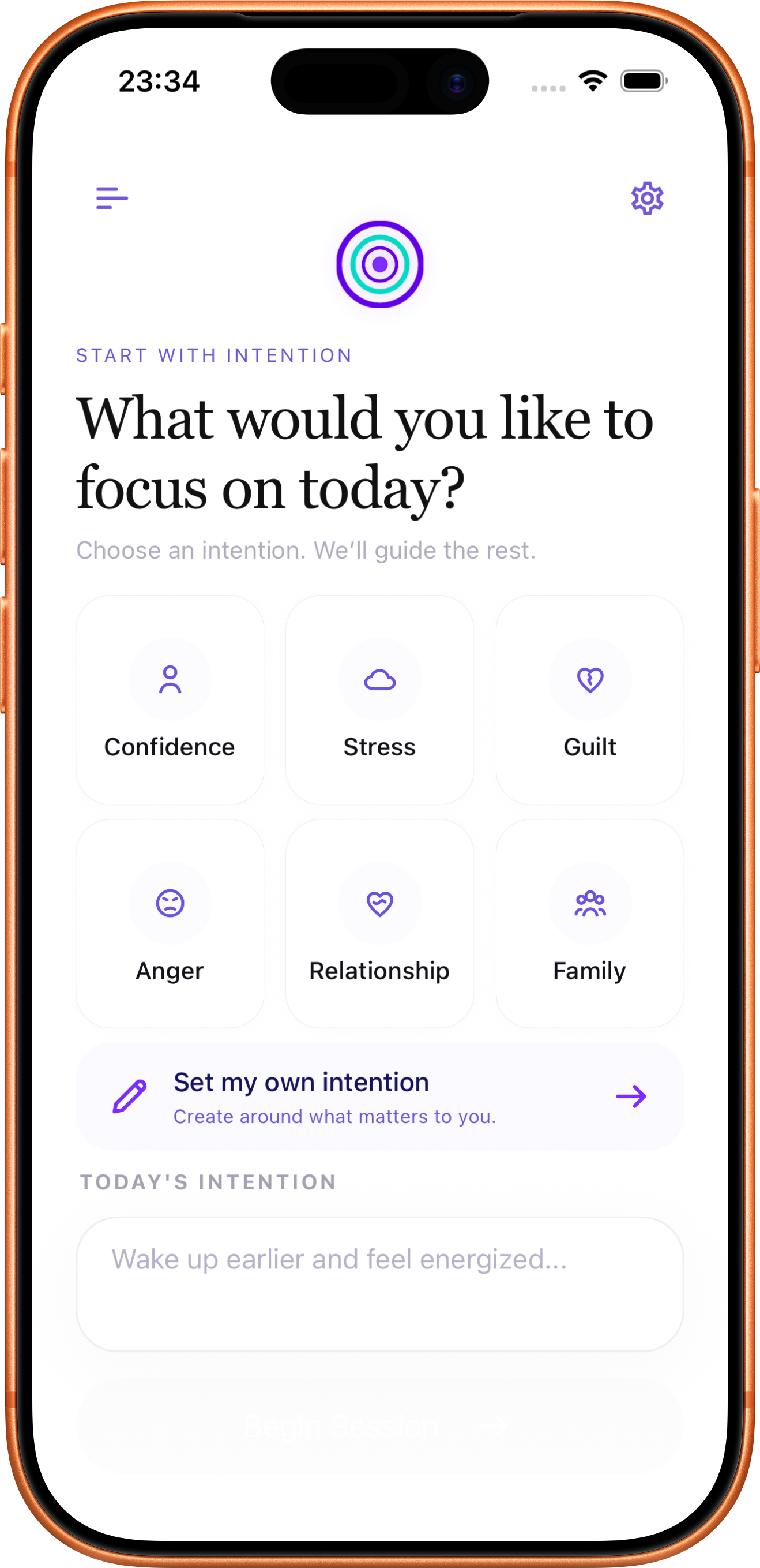 iHypeMe app screen showing intention selection